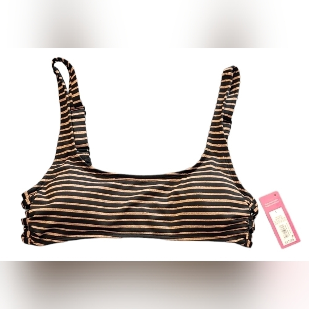 Xhilaration Junior's Bikini Top Black/Bronze Wireless Lined Striped Swimwear